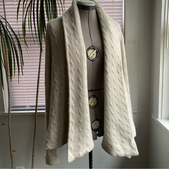 VINTAGE Super Soft Warm Cable Knit Open Front Cardigan Off White Size L - Picture 8 of 15